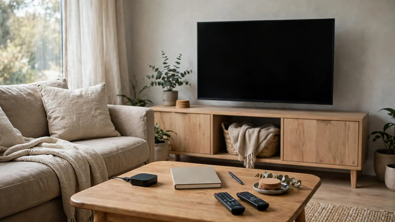 Téléviseur éteint disposé sur un meuble en bois dans un salon avec canapé et table basse en bois.