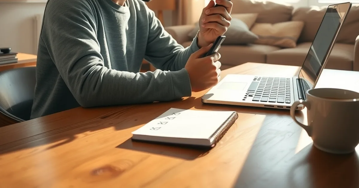 Une personne assise à une table éclairée par la lumière naturelle, vérifiant des informations sur son téléphone et son ordinateur portable avant de faire un achat.