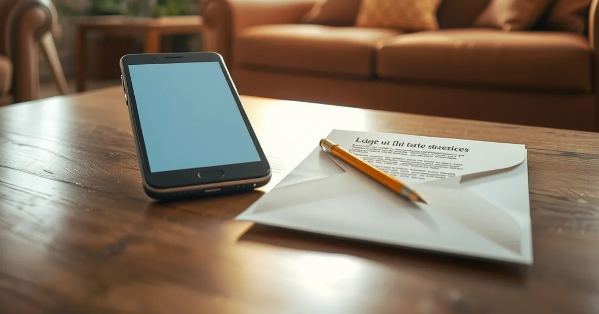 Salon lumineux avec un smartphone et une lettre officielle posés sur une table basse, ambiance domestique de fin d'été