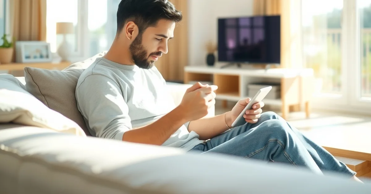 Une personne consulte calmement son abonnement sur une tablette dans un salon lumineux, avec la télévision en arrière-plan.