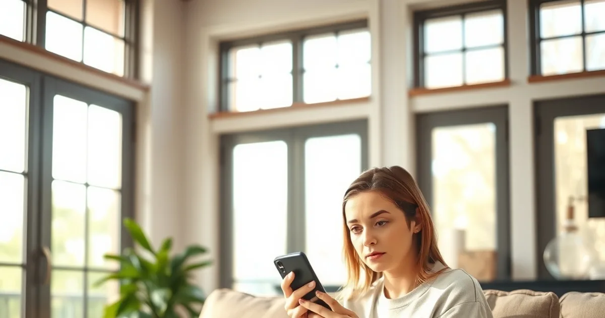 Une femme assise dans son salon lumineux examine attentivement son téléphone avant de faire un achat en ligne