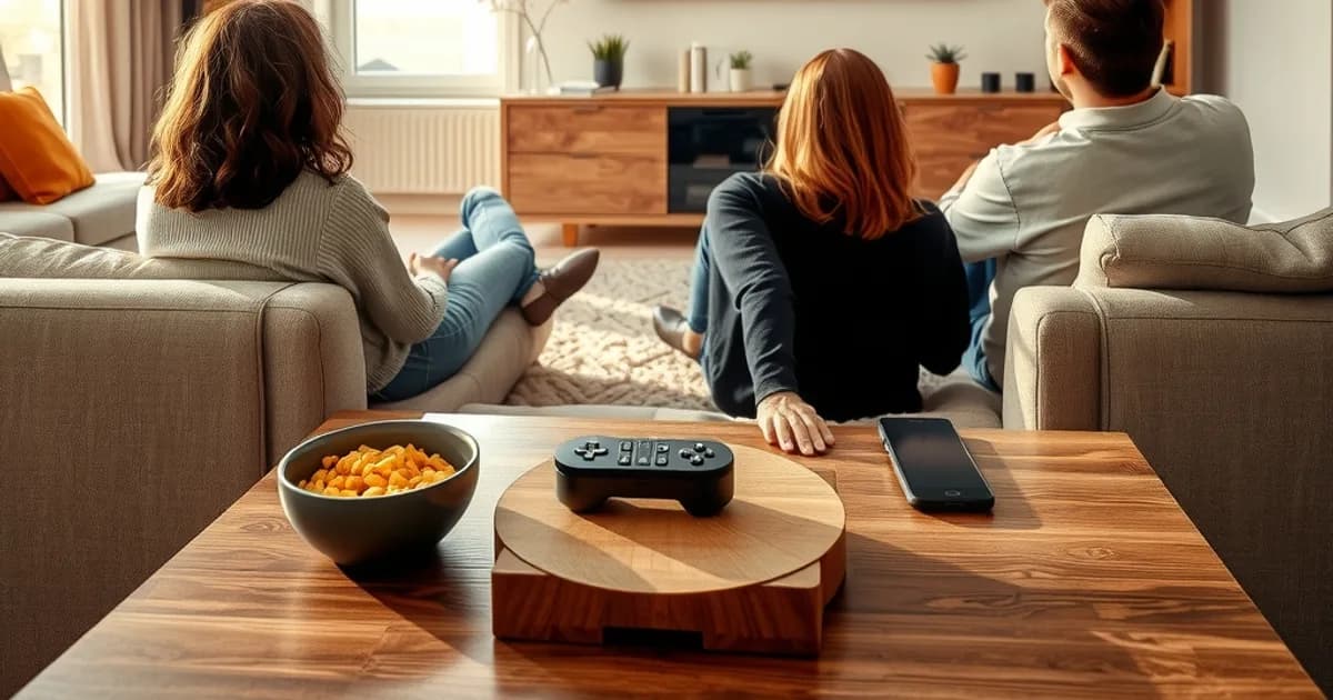 Famille regardant un match de football en soirée sur une grande télévision dans un salon lumineux et moderne