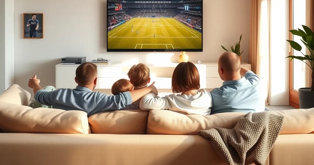 Une famille regarde un match de football tranquillement dans un salon lumineux, sans stress ni risque