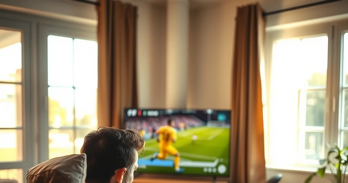 Une personne dans un salon lumineux, regarde son téléphone avec une expression perplexe pendant qu'un match de football est figé sur l'écran de télévision en arrière-plan.
