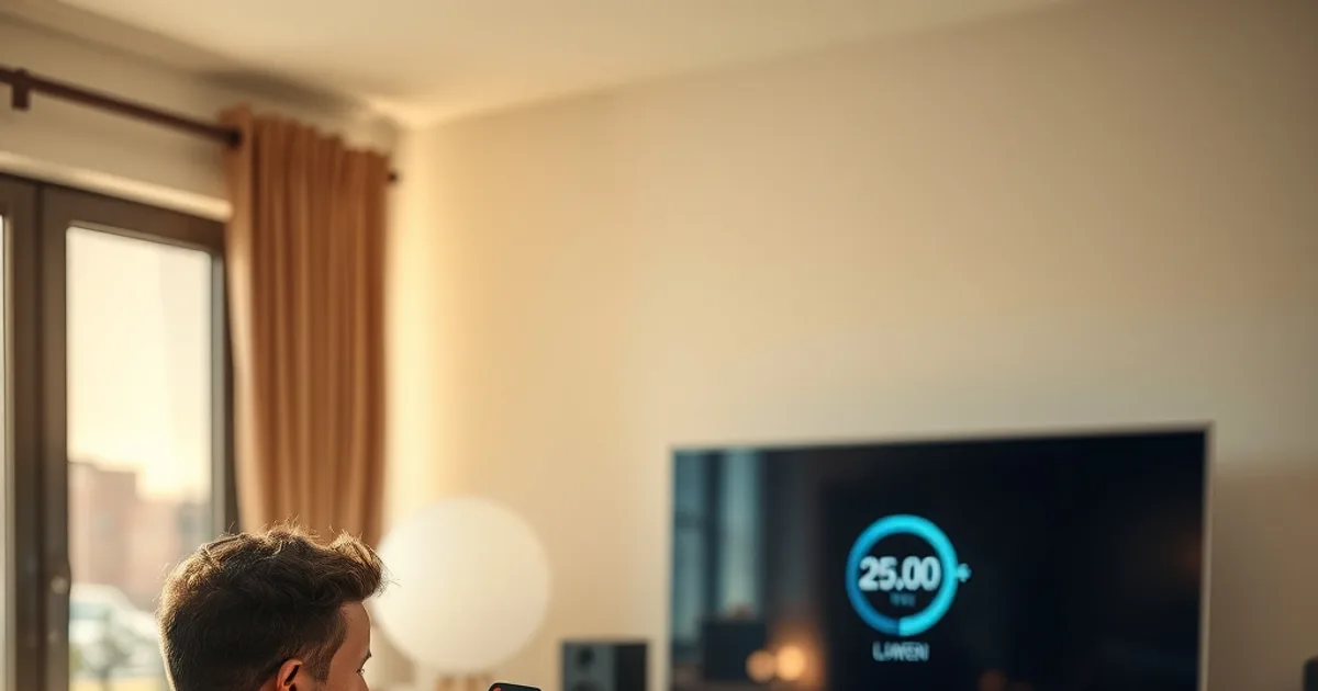 Une personne dans un salon lumineux regarde son smartphone d'un air perplexe pendant que la télévision affiche un écran de mise en mémoire tampon.