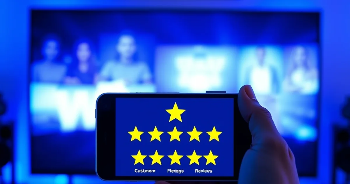 Écran de smartphone affichant des étoiles d’avis clients devant une TV allumée en bleu vif