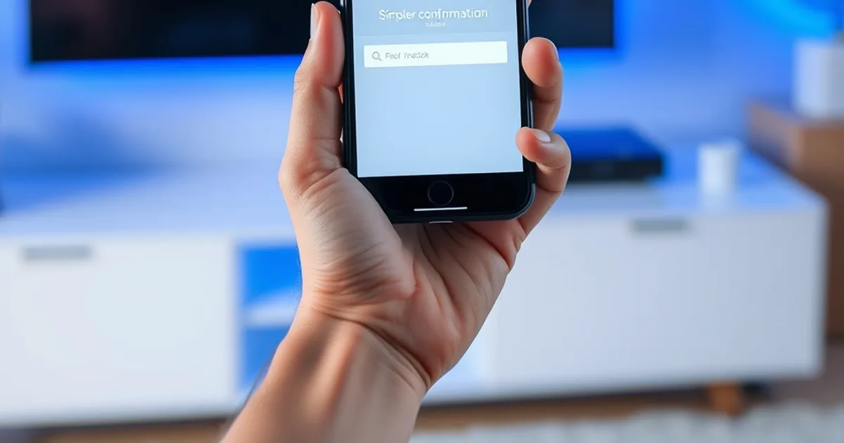 Main tenant un smartphone affichant une confirmation de commande devant une TV allumée en bleu
