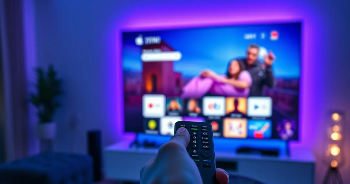 Télécommande pointée vers une Smart TV pendant l’installation d’une application, ambiance bleu vif