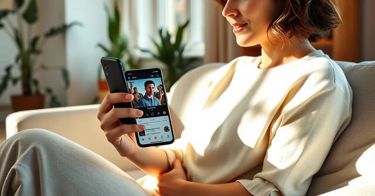 Jeune femme installée dans un canapé lumineux, en train de configurer une application IPTV sur son iPhone dans un salon baigné de lumière naturelle