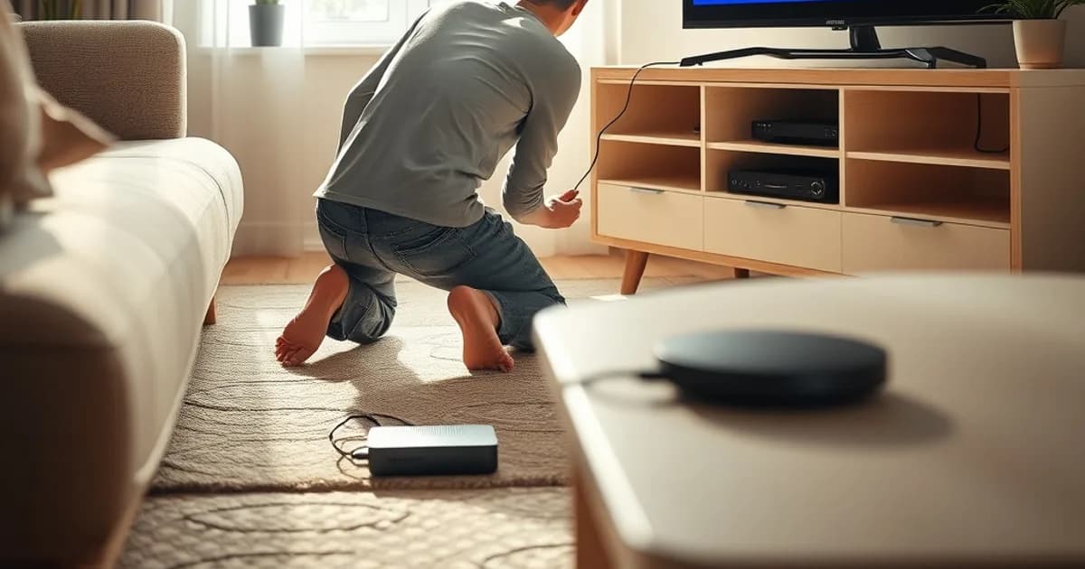 Une personne branche un câble Ethernet derrière sa télévision dans un salon lumineux pour stabiliser son streaming IPTV