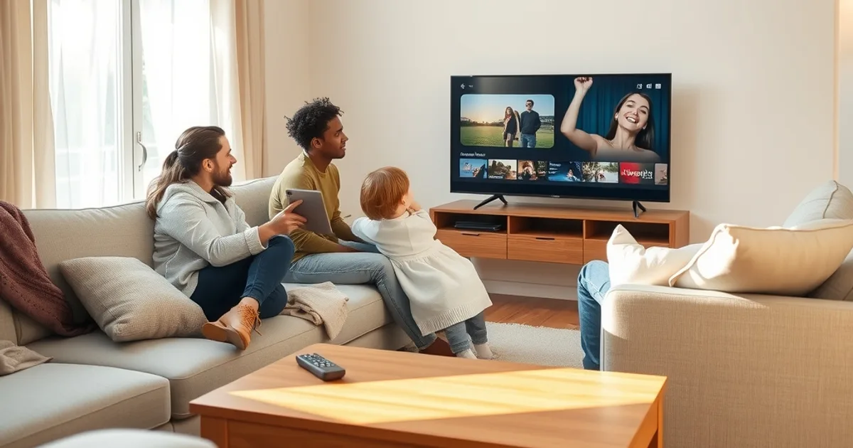 Une famille comparant deux applications de télévision sur une tablette et un téléviseur dans un salon lumineux