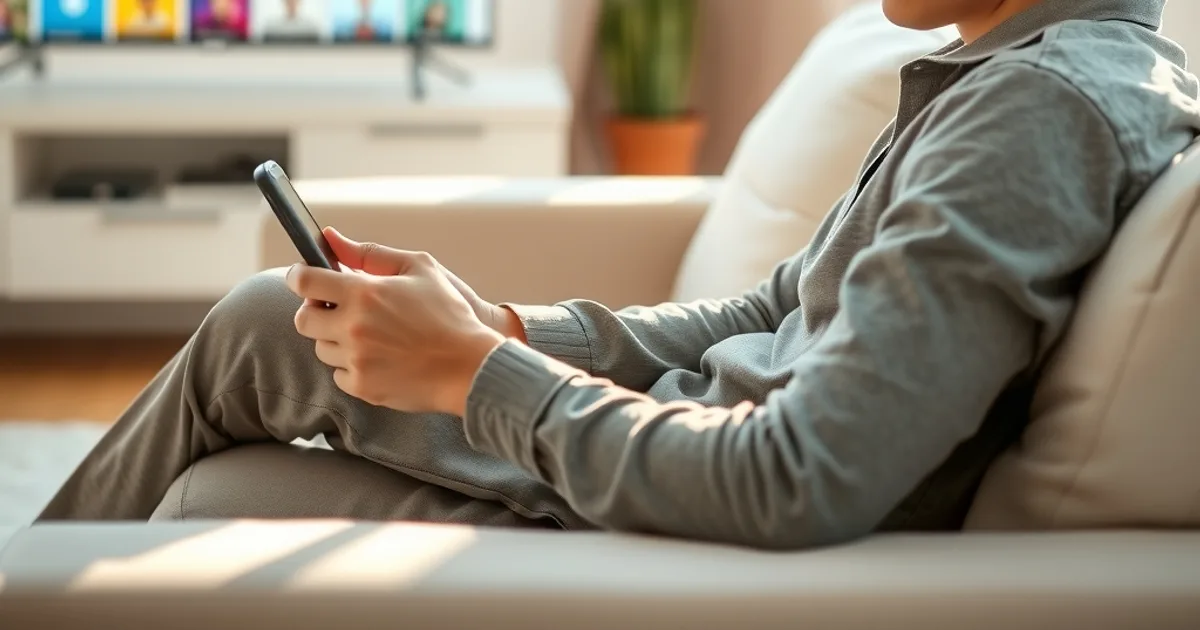 Jeune adulte assis sur un canapé lumineux, l'air pensif en consultant son téléphone, avec une télévision en arrière-plan