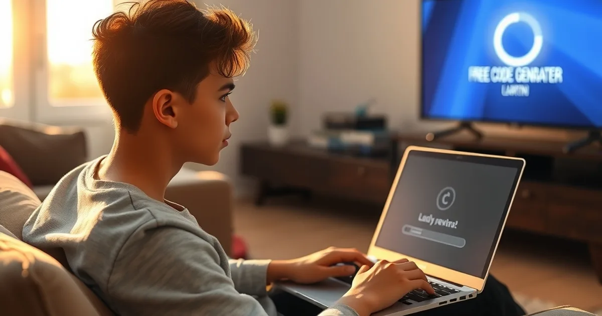 Une personne assise dans un salon lumineux regarde avec méfiance un site promettant un générateur de code IPTV gratuit, pendant que la télévision derrière elle reste bloquée en mémoire tampon.