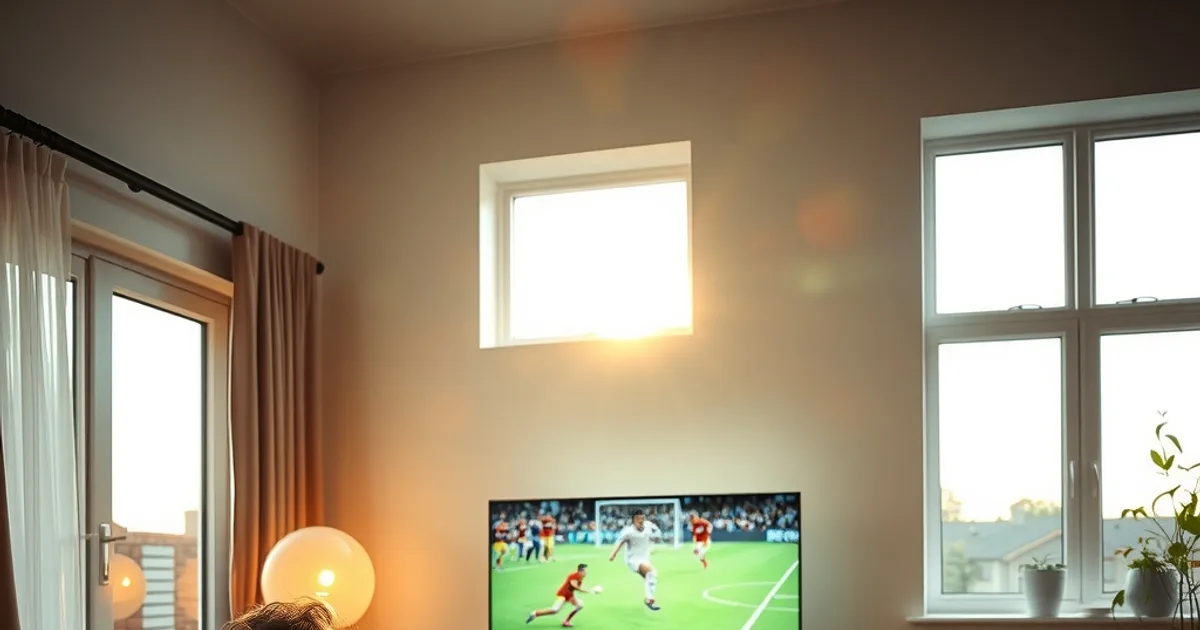 Une personne détendue regarde un match de football sur une smart TV dans un salon lumineux et chaleureux.