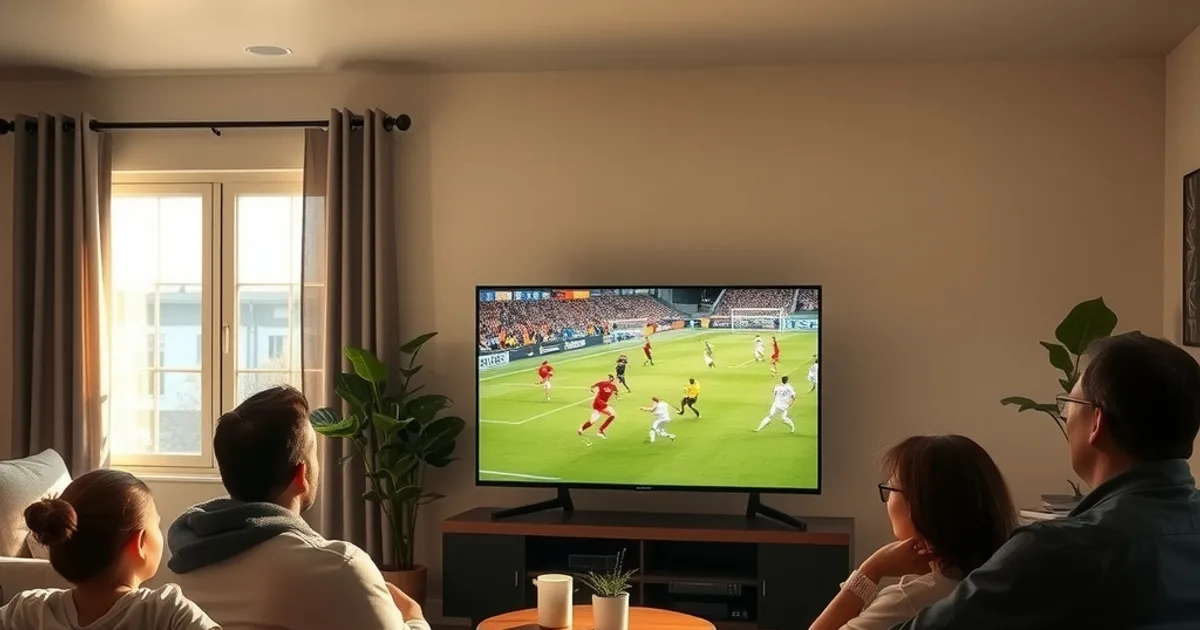 Un groupe d'amis regarde un match de football en direct sur une télévision, dans un salon lumineux baigné de lumière naturelle.