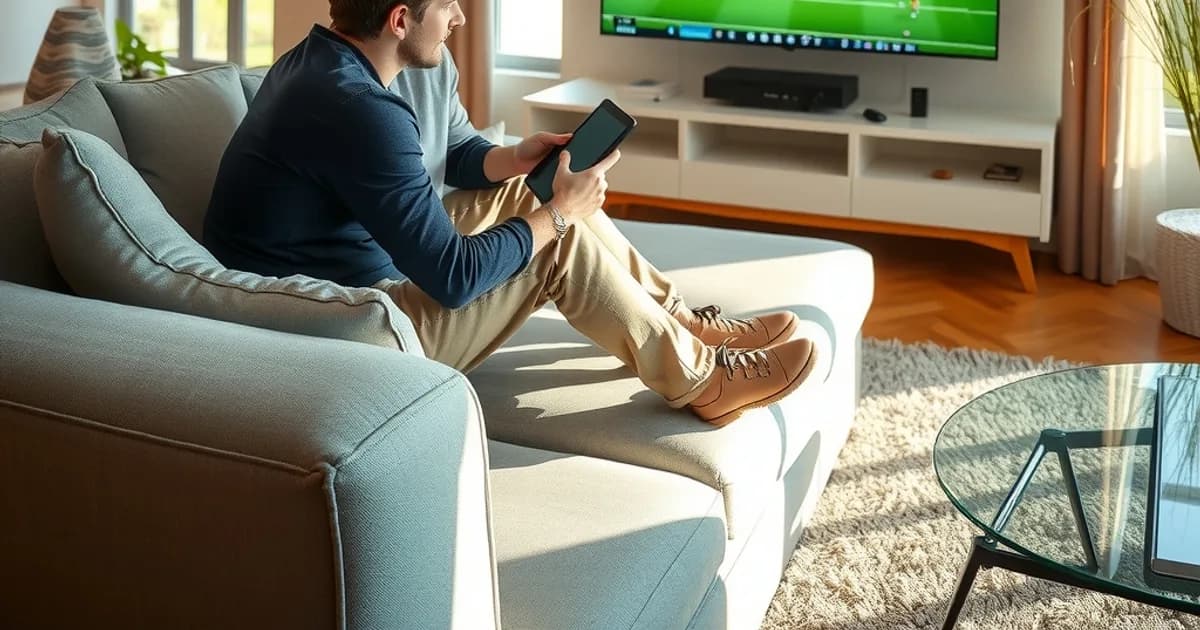 Un père et son fils configurent une application IPTV sur une tablette dans un salon lumineux, avec un match de football affiché sur le téléviseur en arrière-plan