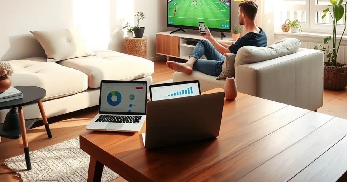 Une personne compare sur son téléphone une offre IPTV premium pendant qu'un match de football est diffusé sur la télévision dans un salon lumineux.