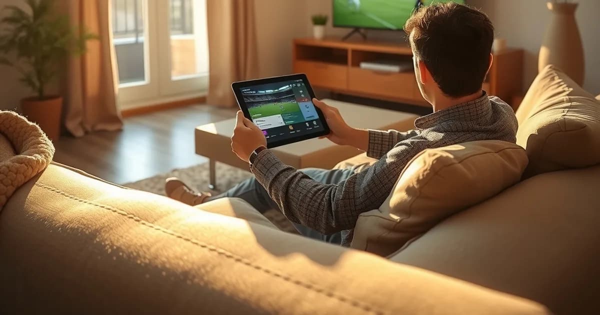 Une personne teste une application de streaming sur une tablette dans un salon lumineux, avec un match de football diffusé sur la télévision en arrière-plan