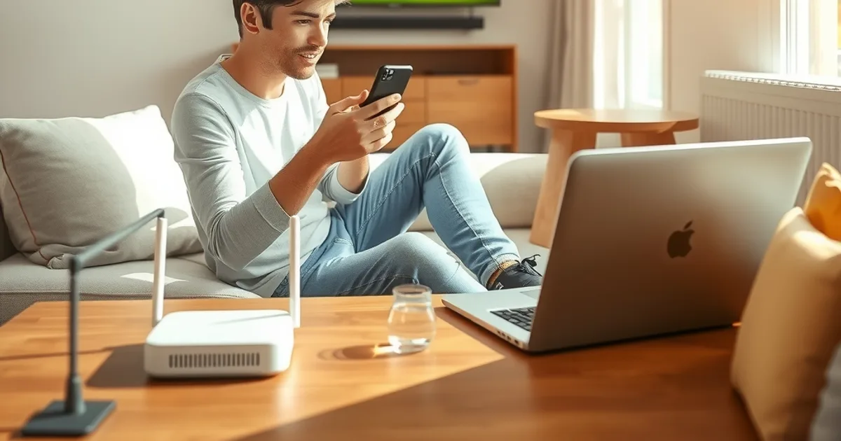 Un homme dans un salon lumineux compare les résultats d'un test de vitesse internet sur son smartphone et son ordinateur portable, avec un routeur WiFi visible et un match de football en arrière-plan à la télévision.