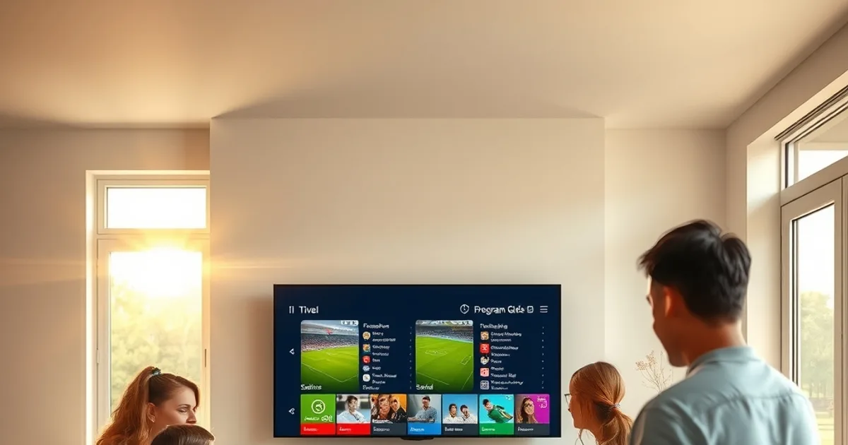 Une famille dans un salon lumineux consulte le guide des programmes sur une tablette avant un match de Ligue des Champions diffusé sur la télévision.