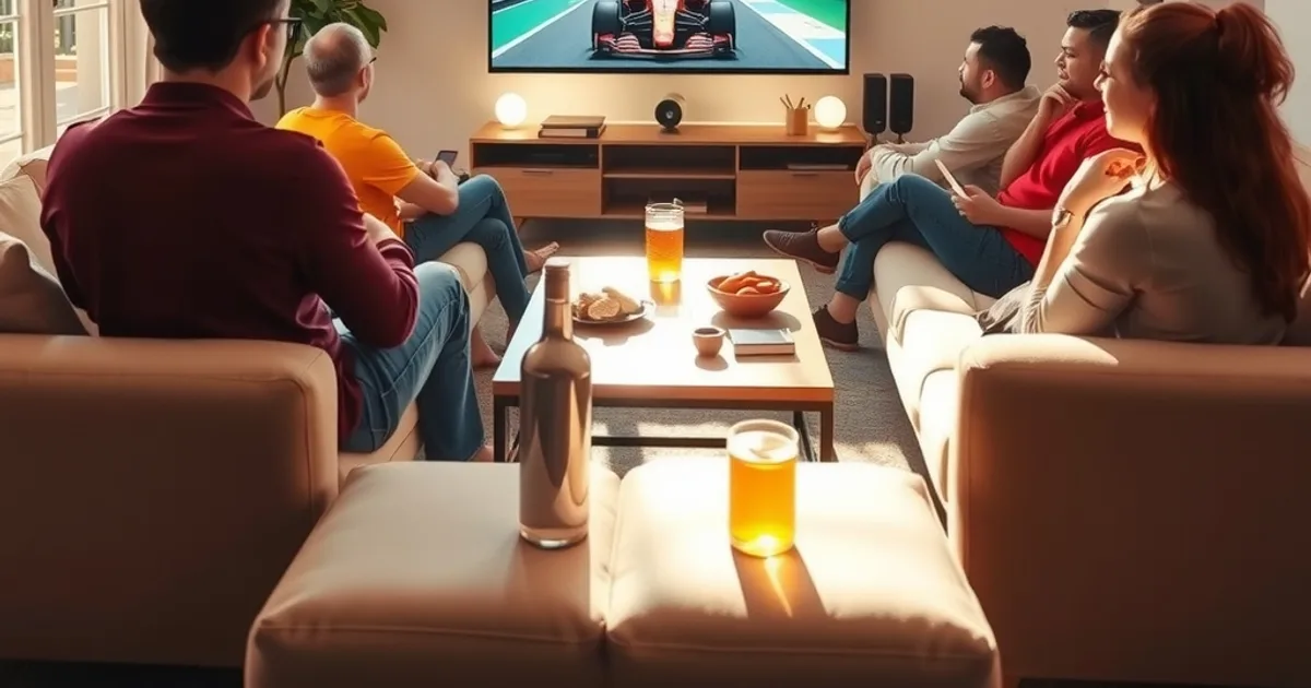 Un groupe d'amis regarde une course de Formule 1 en 4K dans un salon lumineux, en fin d'après-midi.