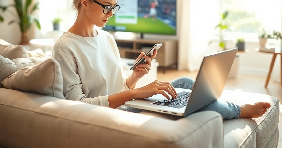 Une personne assise dans un salon lumineux regarde son téléphone avec méfiance devant un écran de téléchargement d'application, télévision en arrière-plan