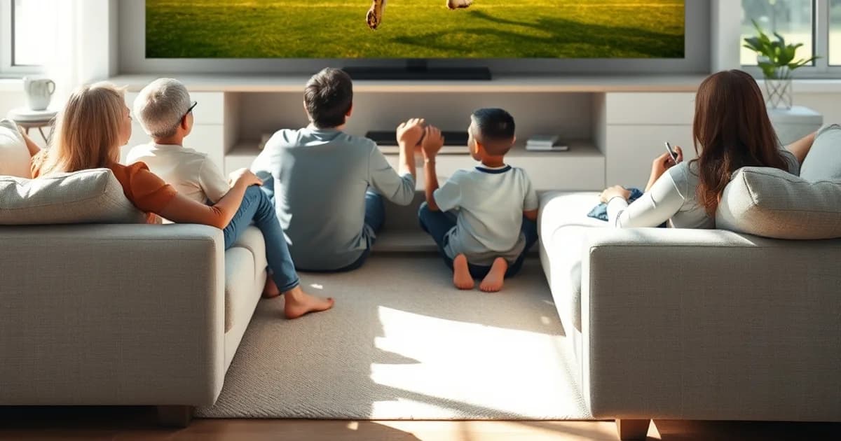 Famille installée dans un salon lumineux devant une grande télévision 4K diffusant un match de football