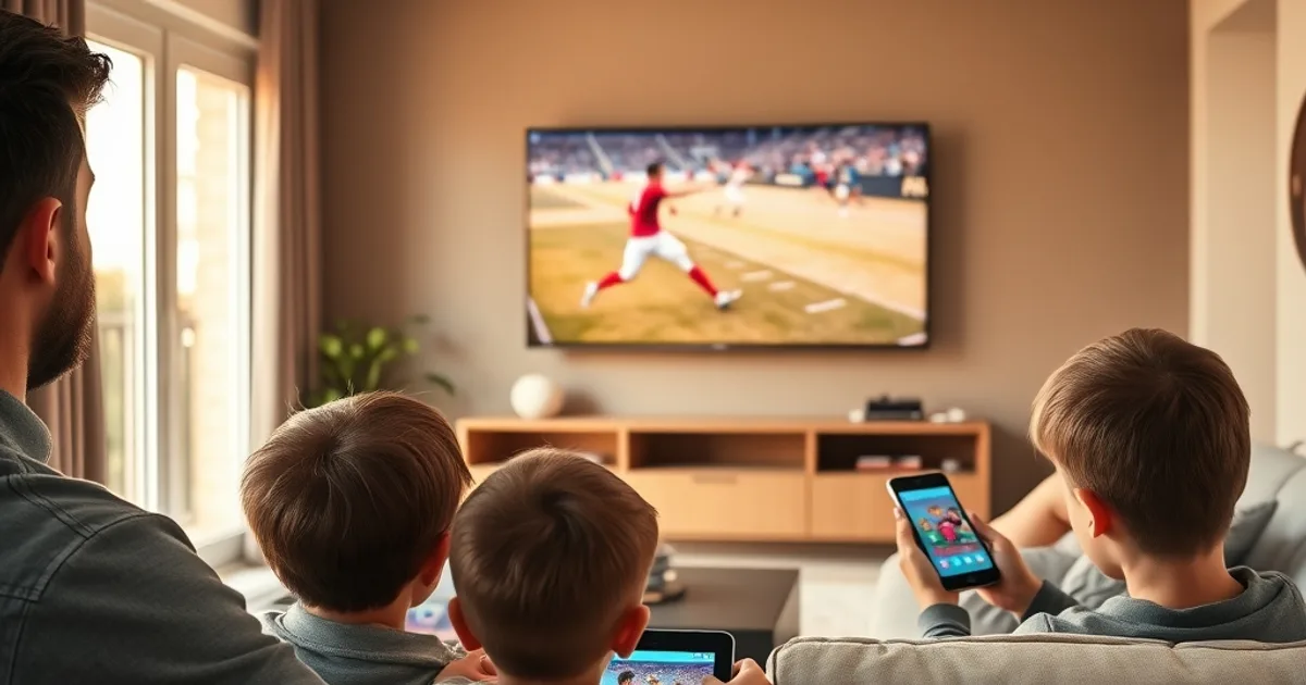 Salon familial lumineux où le père regarde un match sur la Smart TV pendant que les enfants suivent leurs propres programmes sur tablette et smartphone