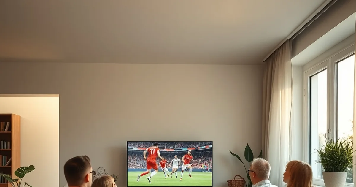 Famille regardant un match de football en direct dans un salon lumineux et chaleureux