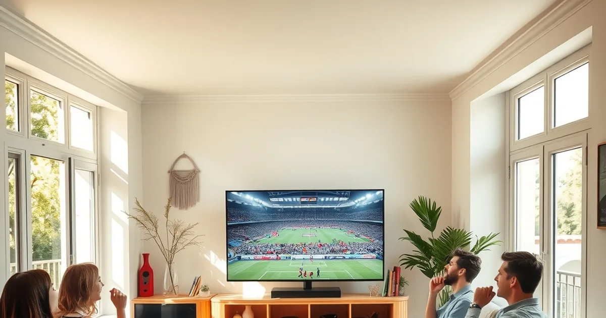 Un groupe d'amis regarde un match de Ligue 1 en direct dans un salon lumineux et chaleureux, sans coupure d'image.