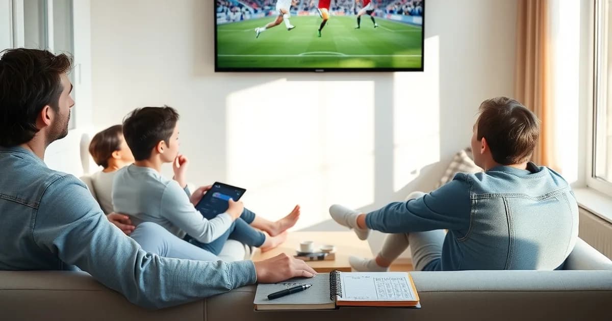 Une famille regarde un match de football à la télévision dans un salon lumineux, avec un carnet de calculs de budget posé sur la table basse