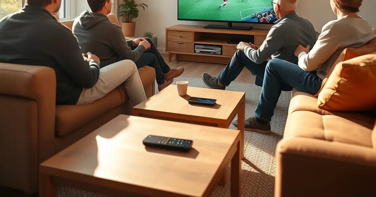 Famille et amis regardant un match de Ligue 1 ensemble dans un salon lumineux