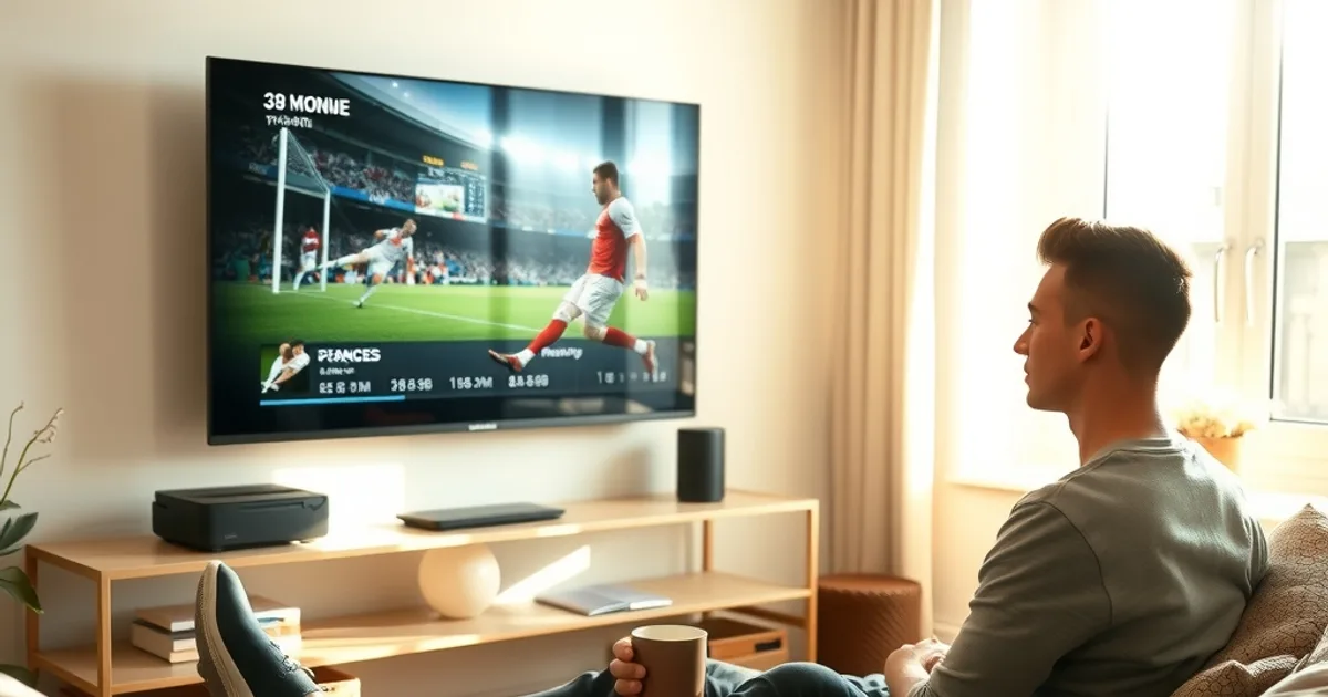 Un homme regarde le replay d'un match de Ligue 1 sur sa télévision dans un salon lumineux, guide des programmes affiché à l'écran