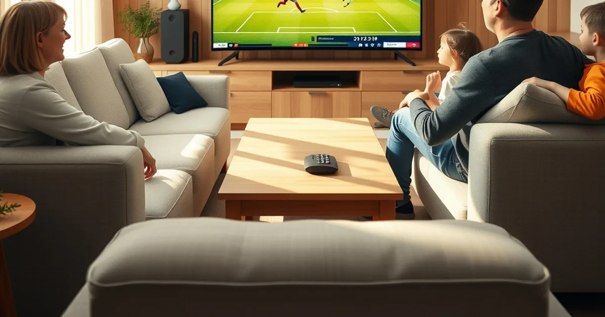 Une famille regarde un match de football en direct dans un salon lumineux et chaleureux, en fin d'après-midi
