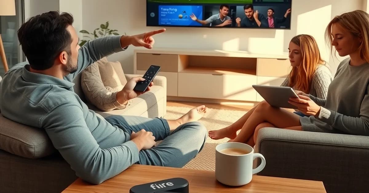 Famille dans un salon lumineux en train de configurer une nouvelle application IPTV sur la Smart TV, une tablette et un smartphone
