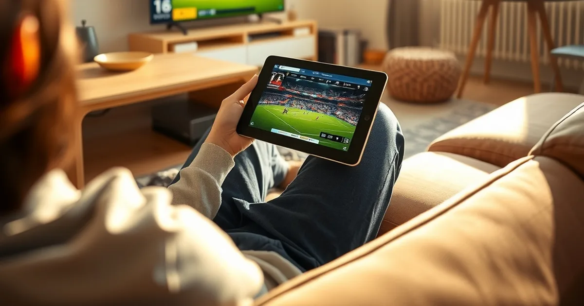 Une personne teste une application IPTV sur tablette dans un salon lumineux, avec un match de football diffusé en fond sur la télévision