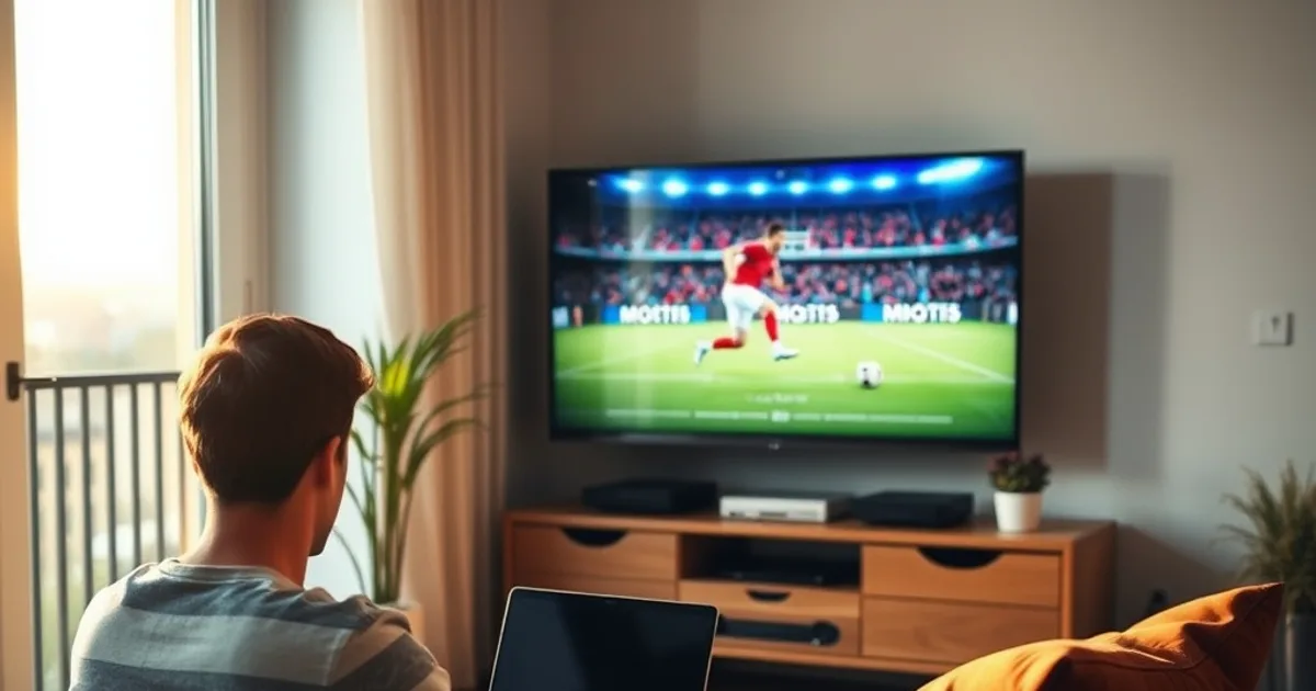 Une personne configure un VPN sur son ordinateur portable dans un salon lumineux, avec un match de football diffusé à la télévision en arrière-plan.